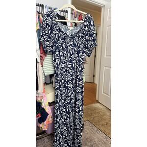 Joie De Vivre Midi Dress in  Navy Blue/White Floral 3X